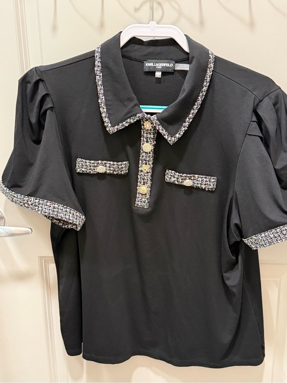 Karl Lagerfeld Black Polo with Tweed Trim and Gold Buttons